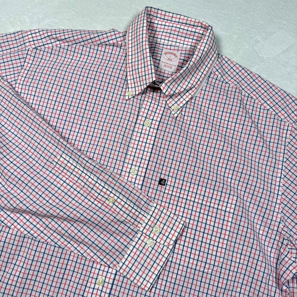 Brooks Brothers‎ 346 Shirt Mens Large Pink Blue Check Plaid Button Down Casual